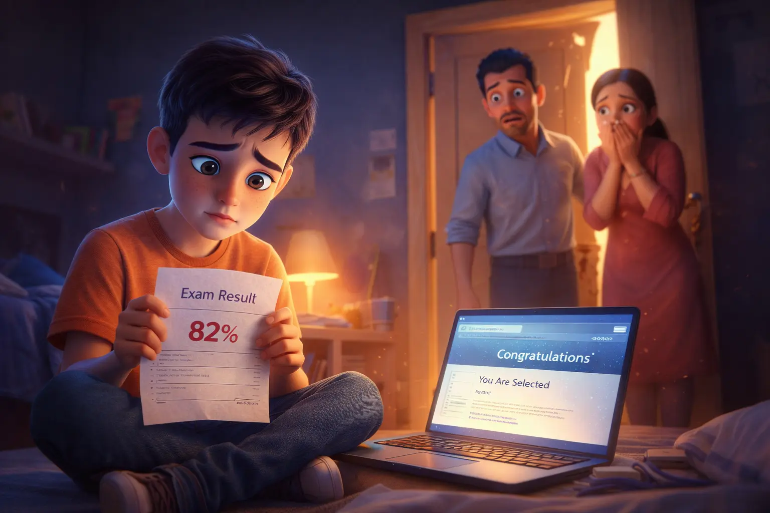 Board exam pressure story showing student with 82% result and worried parents
