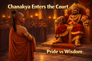 Chanakya-Enters-the-Court-of-King-Dhanananda-Chanakya-standing-calmly-in-King-Dhananandas-royal-court-while-ministers-laugh-1-300x200 The King of Crows and the Owl: 7 Powerful Lessons from a Clever War Strategy