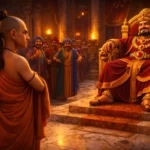 Chanakya Enters the Court of King Dhanananda - Chanakya standing calmly in King Dhanananda’s royal court while ministers laugh