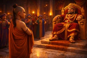 Chanakya Enters the Court of King Dhanananda - Chanakya standing calmly in King Dhanananda’s royal court while ministers laugh