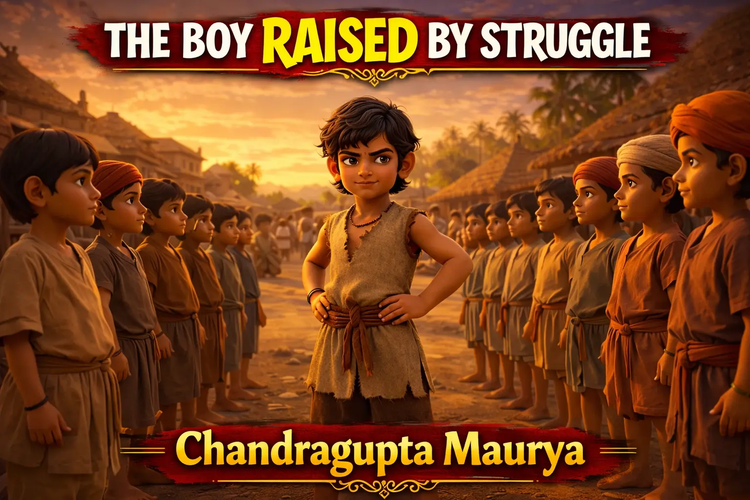 Chandragupta Maurya as a child leading village boys, showing early leadership during his poverty-stricken childhood