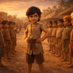 Chandragupta Maurya as a child leading village boys, showing early leadership during his poverty-stricken childhood