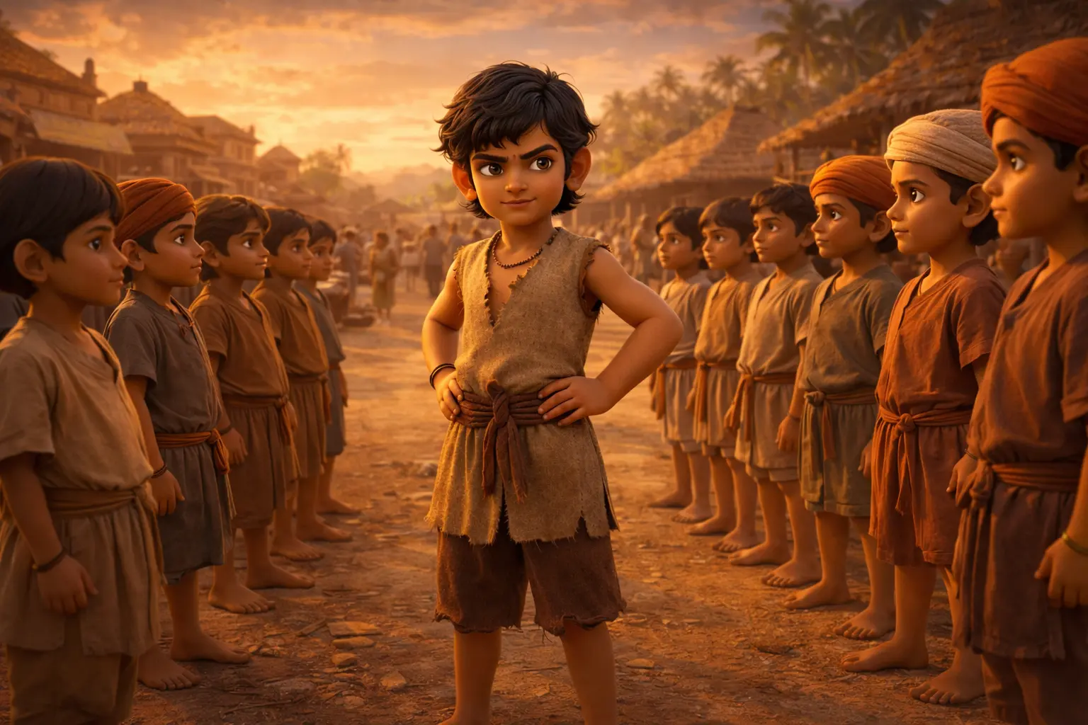 Chandragupta Maurya as a child leading village boys, showing early leadership during his poverty-stricken childhood