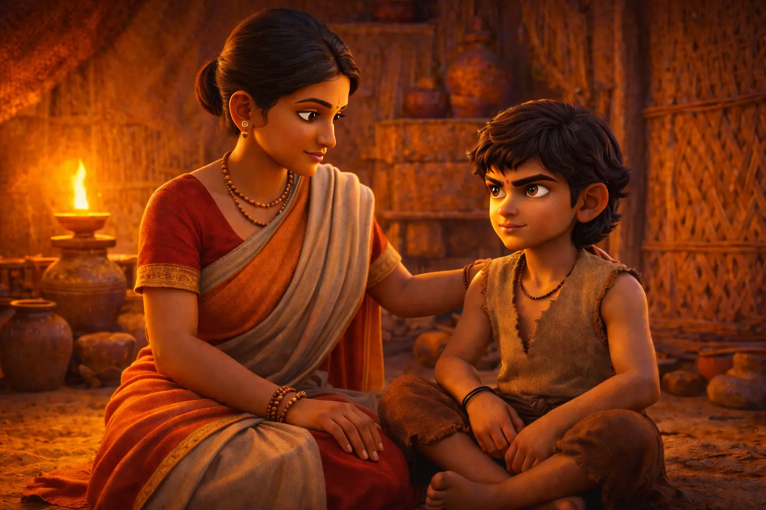 Chandragupta’s Mother and His Early Struggles Chandragupta Maurya with his mother in traditional Mauryan era clothing inside a humble Magadha home
