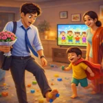 Funny expectations vs Reality in Marriage moment with office husband holding flowers in messy home and child in towel superhero costume