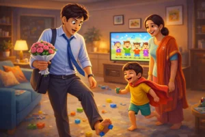 Funny expectations vs Reality in Marriage moment with office husband holding flowers in messy home and child in towel superhero costume