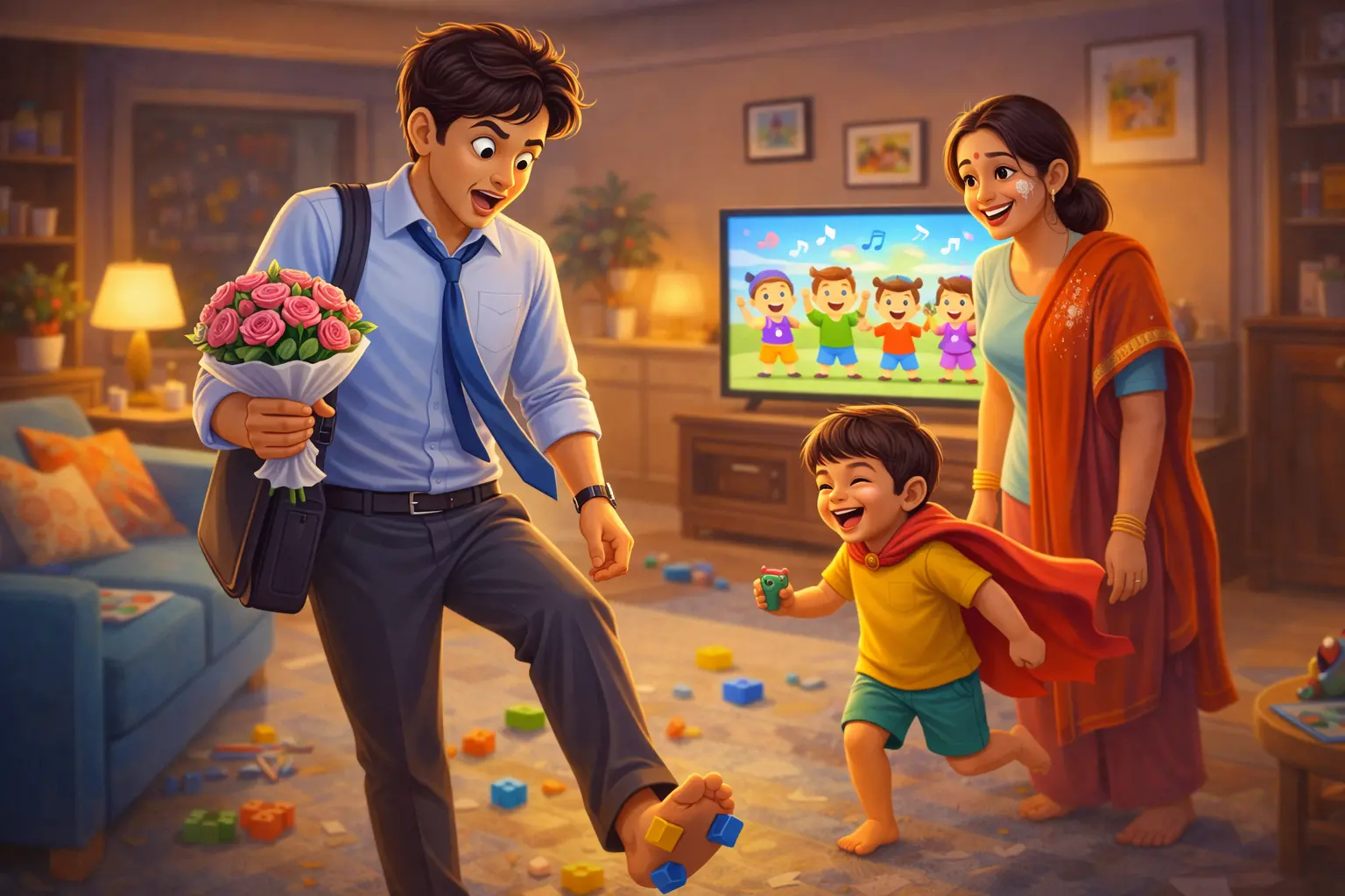 Funny expectations vs Reality in Marriage moment with office husband holding flowers in messy home and child in towel superhero costume