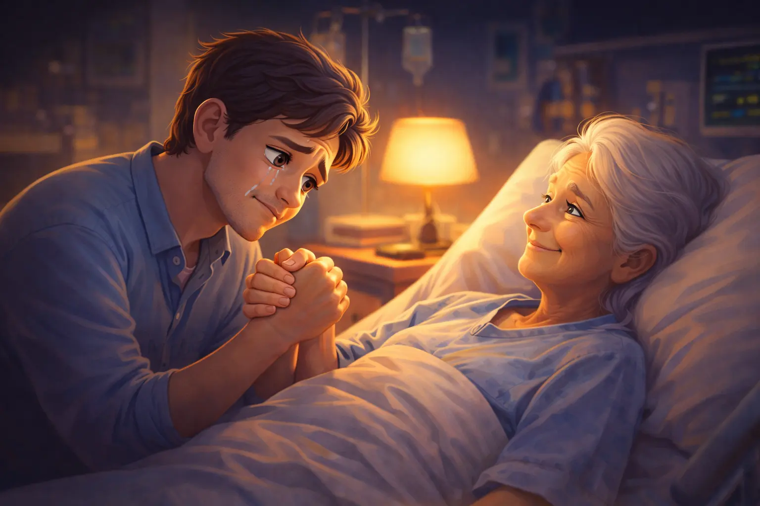 He Ignored His Mother’s Calls for Years - Emotional son sitting beside his elderly mother at home holding her hand lovingly