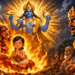 Holika Dahan Story scene with Prahlad protected by Lord Vishnu while Holika burns
