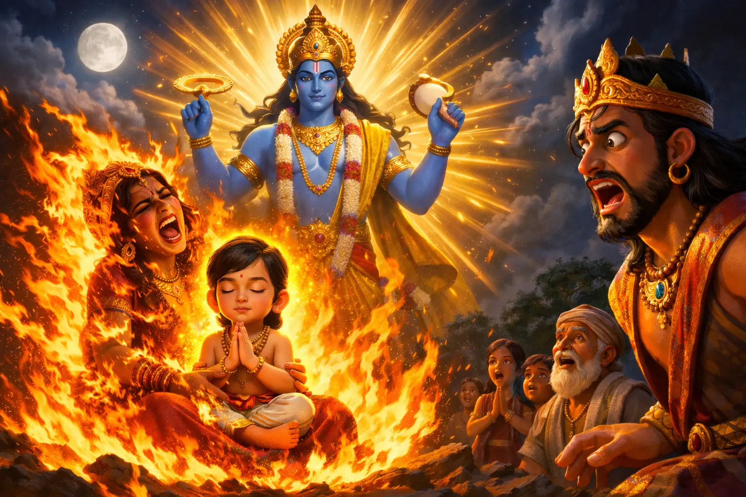 Holika Dahan Story scene with Prahlad protected by Lord Vishnu while Holika burns