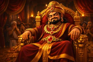 King Dhanananda of Magadha sitting on a golden throne with a cruel expression, symbol of greed, fear, and tyranny in ancient India