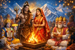 Marriage of Lord Shiva and Goddess Parvati - Divine wedding of Lord Shiva and Goddess Parvati with celestial gathering