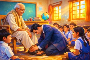 Old Teacher Emotional Story - Successful businessman touching the feet of his elderly school teacher in a classroom
