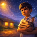 Poor Student Success Story - Poor student studying under a streetlight at night with determination on his face