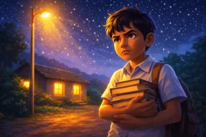 Poor Student Success Story - Poor student studying under a streetlight at night with determination on his face