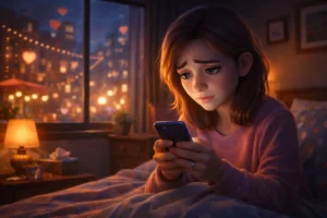 She Waited for a Valentine Message That Never Came - Young woman sitting alone checking her phone on Valentine’s night