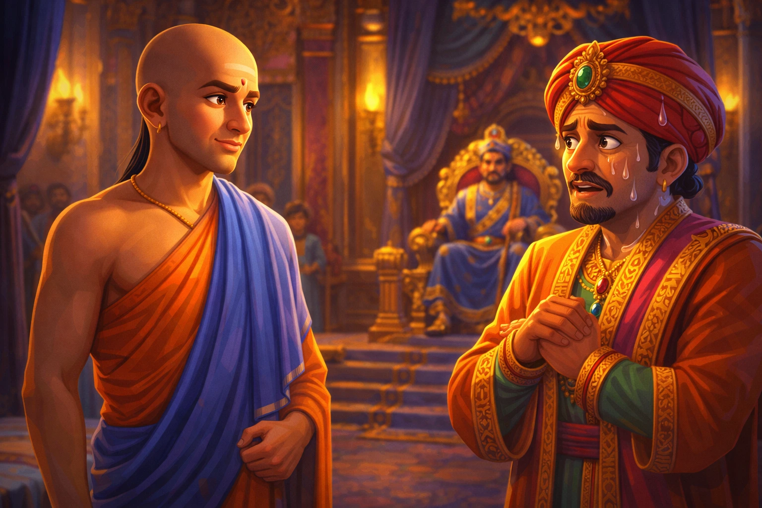 Tenali Raman Exposed a Liar Without Saying a Word - Tenali Raman silently confronting a nervous merchant in a royal court