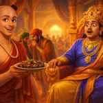 Tenali Raman and the Brinjal Curry - Tenali Raman smiling cleverly while King Krishna Deva Raya looks shocked after tasting brinjal curry in the royal court