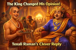 Tenali Raman and the Brinjal Curry Tenali Raman smiling cleverly while King Krishna Deva Raya looks shocked after tasting brinjal curry in the royal court