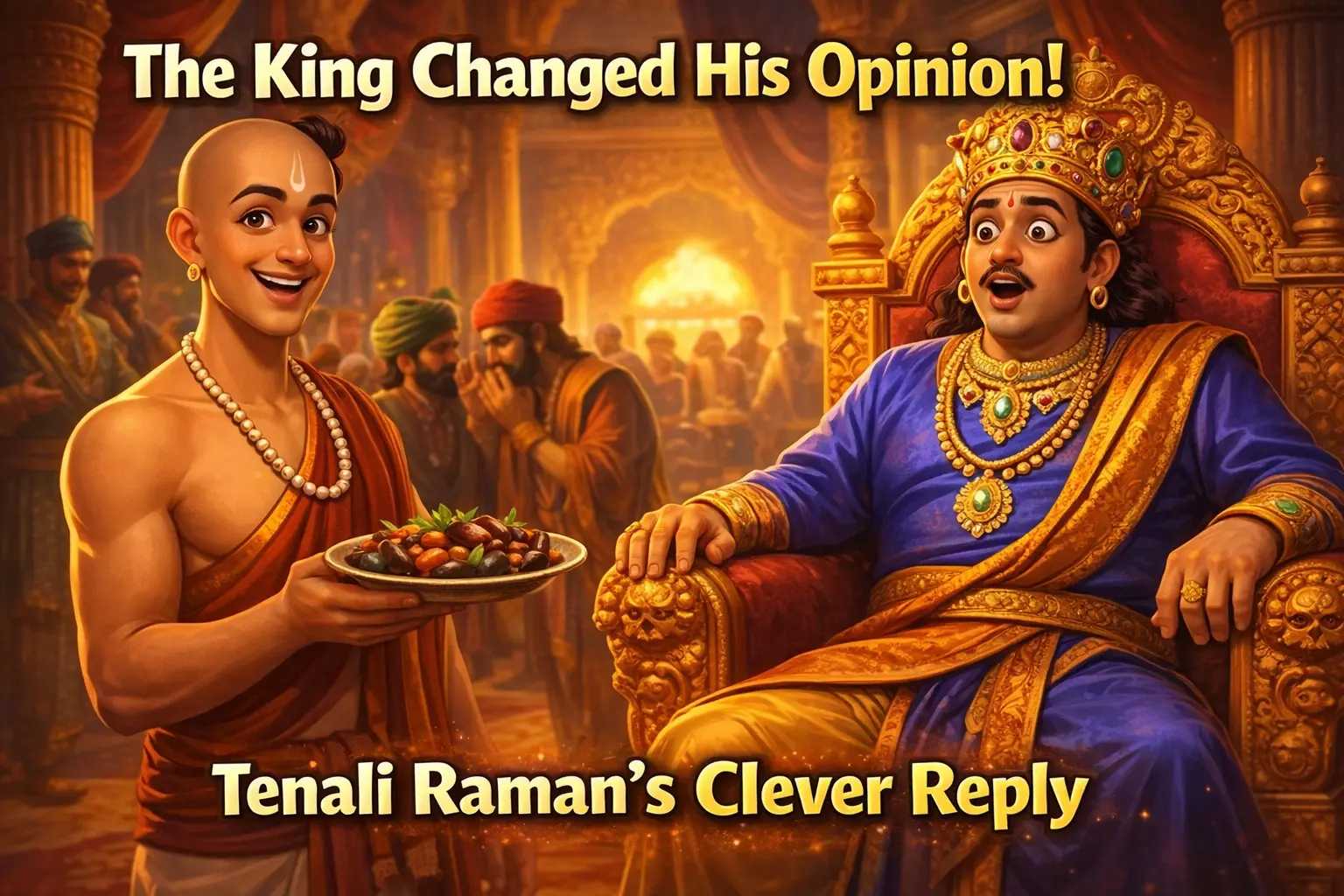 Tenali Raman and the Brinjal Curry Tenali Raman smiling cleverly while King Krishna Deva Raya looks shocked after tasting brinjal curry in the royal court