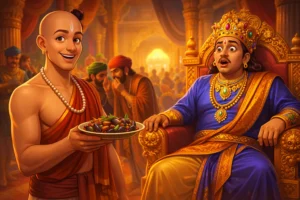 Tenali Raman and the Brinjal Curry - Tenali Raman smiling cleverly while King Krishna Deva Raya looks shocked after tasting brinjal curry in the royal court