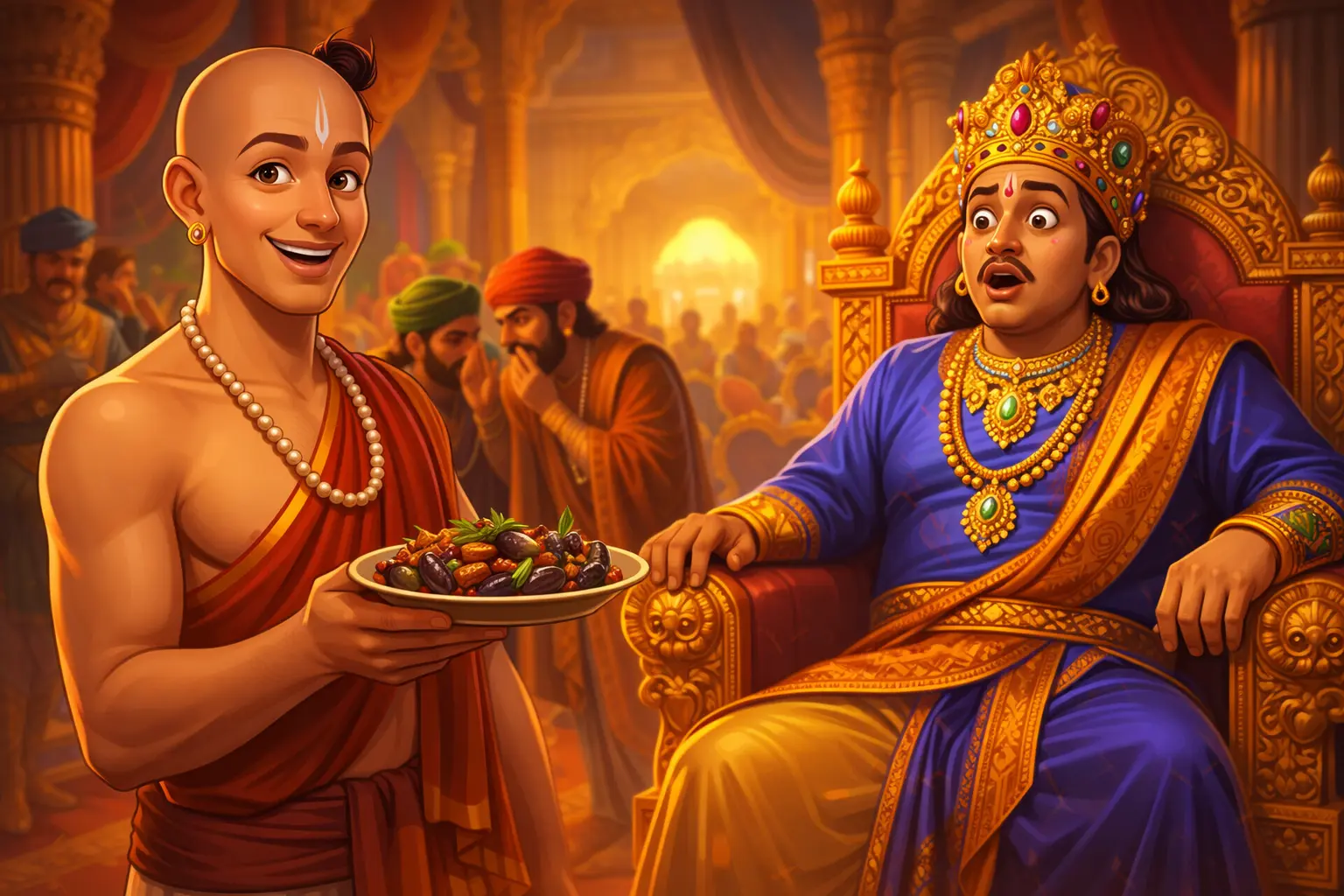Tenali Raman and the Brinjal Curry - Tenali Raman smiling cleverly while King Krishna Deva Raya looks shocked after tasting brinjal curry in the royal court
