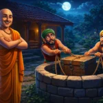 Tenali Raman and the Two Thieves - Tenali Raman smiling as two tired thieves pull a heavy box from a well at night in his backyard