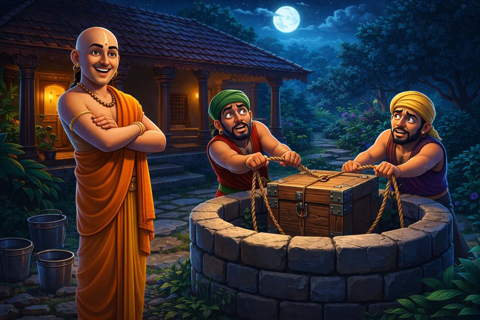 Tenali Raman and the Two Thieves - Tenali Raman smiling as two tired thieves pull a heavy box from a well at night in his backyard