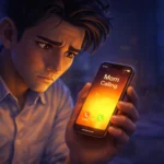The Call at Midnight Young man looking worried at his phone showing “Mom Calling” at night in an emotional scene