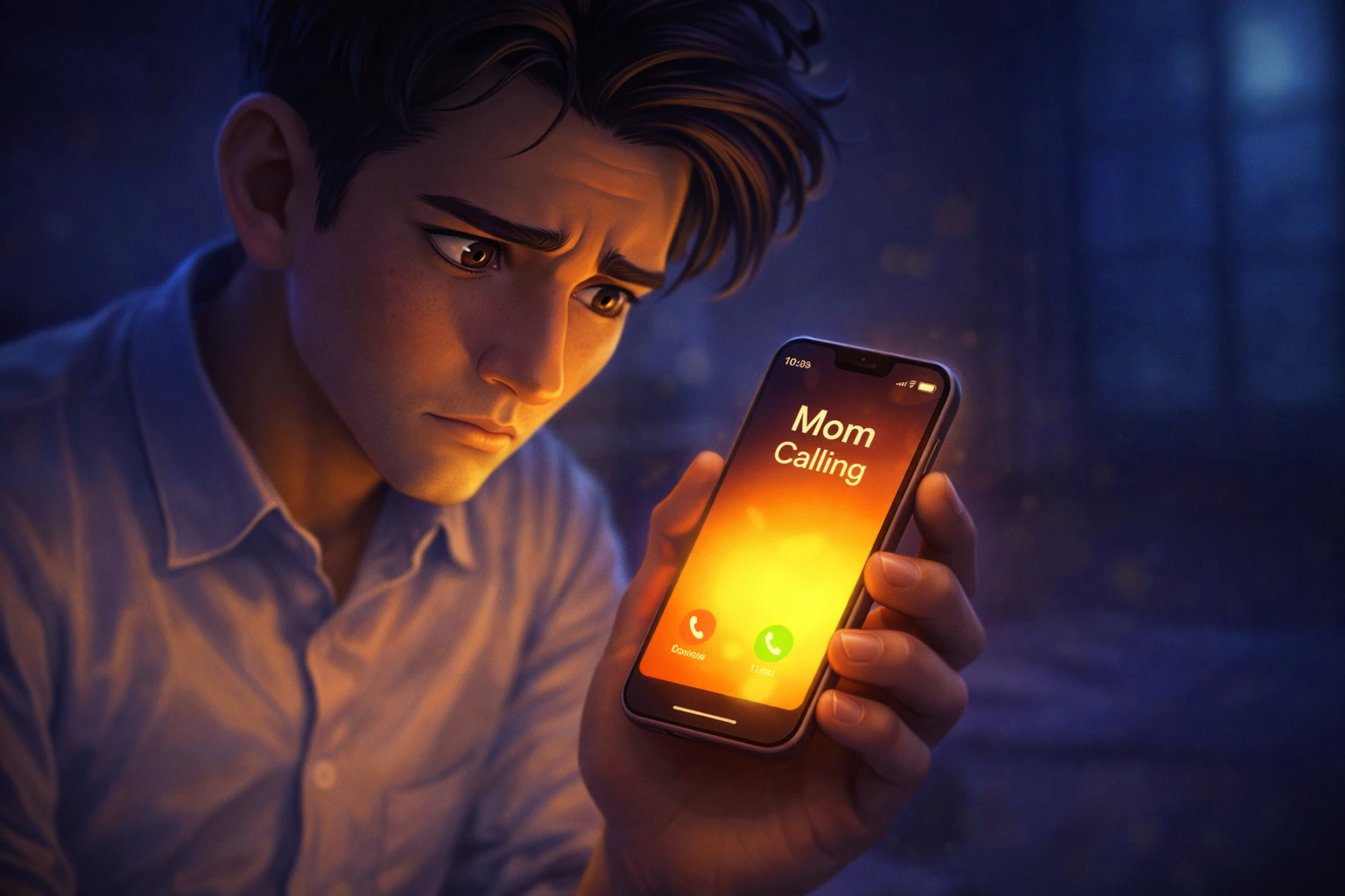 The Call at Midnight Young man looking worried at his phone showing “Mom Calling” at night in an emotional scene