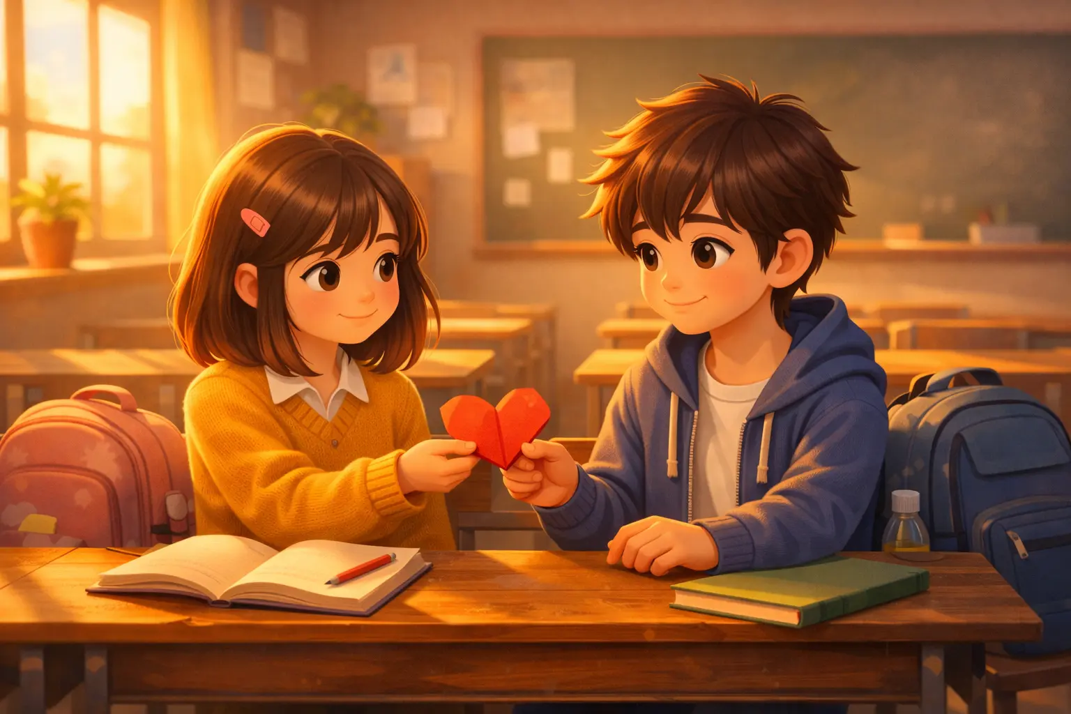 The Childhood Love He Never Understood - Two school children sharing chocolates and a paper heart in a classroom