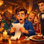 The Day I Tried to Act Rich - Man looking shocked at restaurant bill while friends laugh at a fancy restaurant