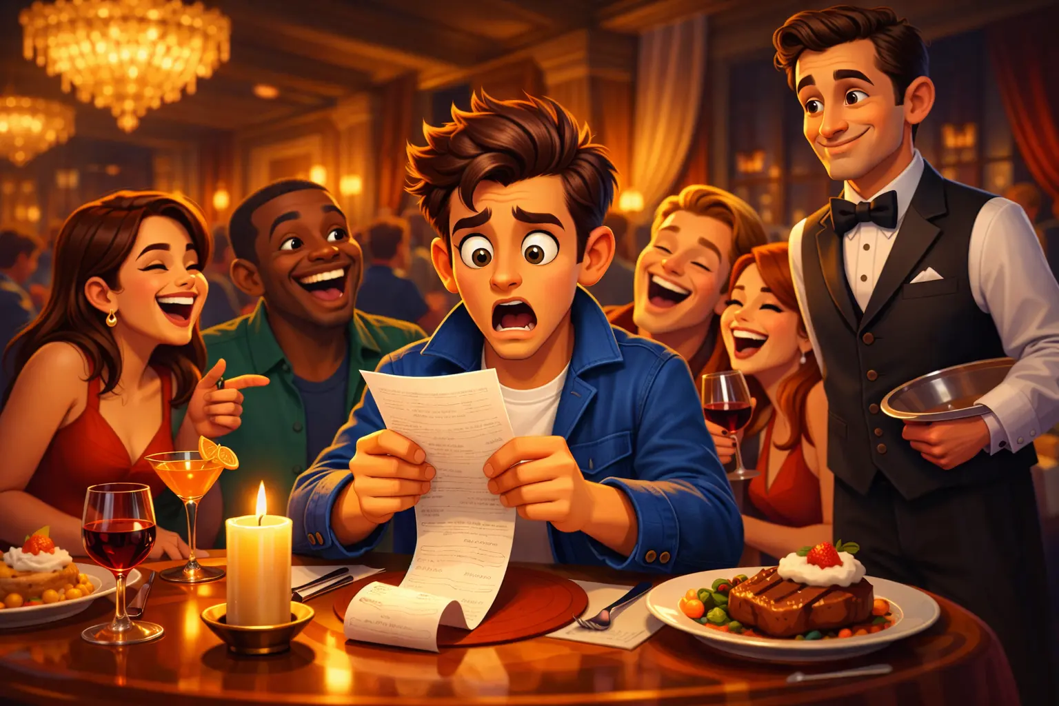 The Day I Tried to Act Rich - Man looking shocked at restaurant bill while friends laugh at a fancy restaurant