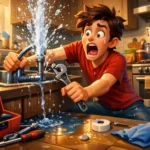 The Day I Tried to Fix Everything Myself - Man trying to fix a leaking kitchen tap while water sprays everywhere in a messy kitchen
