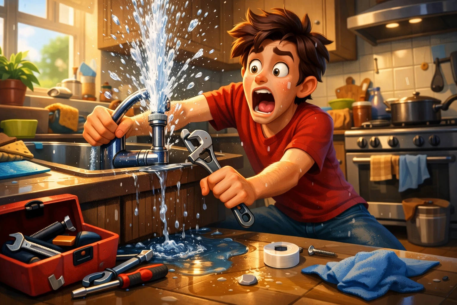 The Day I Tried to Fix Everything Myself - Man trying to fix a leaking kitchen tap while water sprays everywhere in a messy kitchen