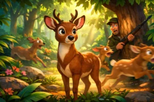 The Deer Who Trusted Observation Over Speed standing alert in the jungle while a hidden hunter waits nearby