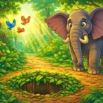 The Elephant Who Stopped to Listen standing alert before a hidden pit trap while a hunter hides in the background