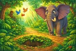 The Elephant Who Stopped to Listen standing alert before a hidden pit trap while a hunter hides in the background