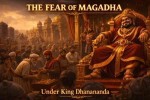 The Fear of Magadha Under King Dhanananda showing heavy taxation and soldiers intimidating villagers