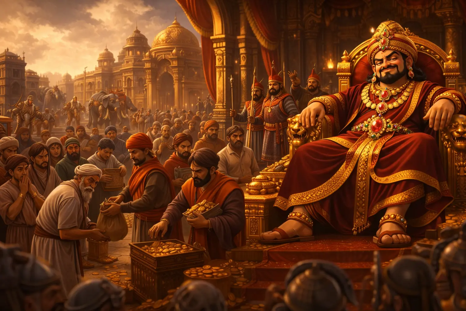 The Fear of Magadha Under King Dhanananda showing heavy taxation and soldiers intimidating villagers