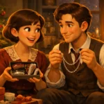 The Gift of the Magi - Young couple exchanging Christmas gifts with emotional expressions in a small apartment