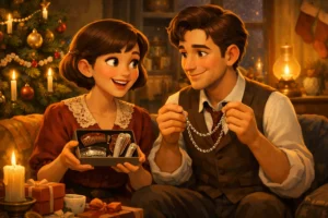 The Gift of the Magi - Young couple exchanging Christmas gifts with emotional expressions in a small apartment