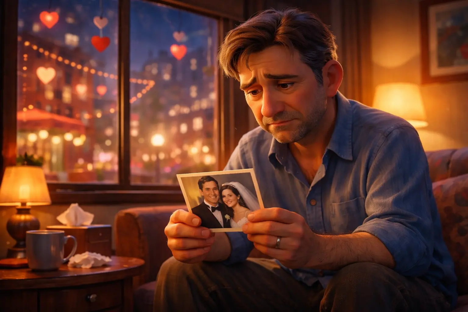 The Husband Who Realized Love After Divorce - Divorced man holding old wedding photo alone on Valentine’s Day