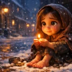 The Little Match Girl Story - The Little Match Girl sitting in snow lighting a match on a freezing winter night