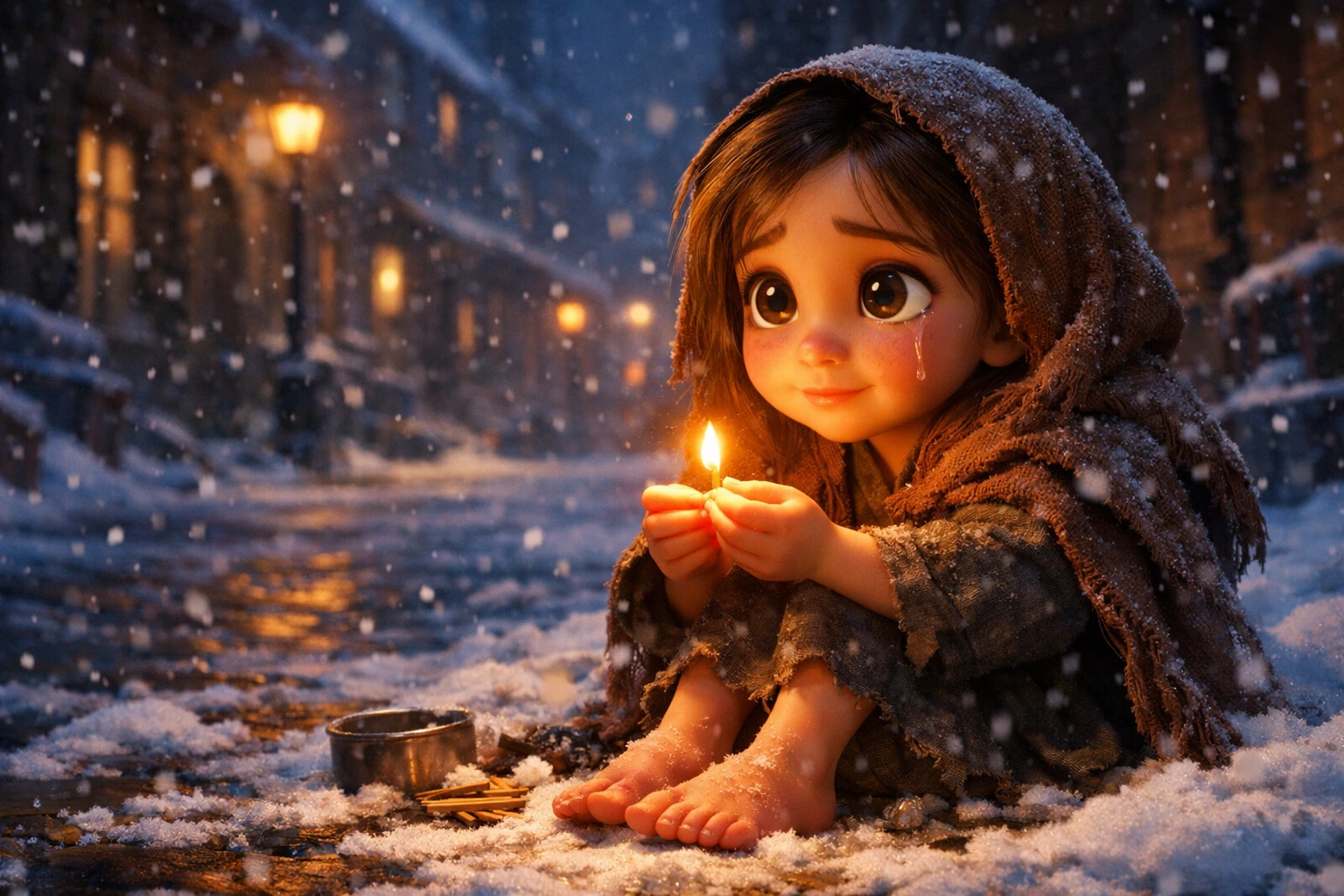 The Little Match Girl Story - The Little Match Girl sitting in snow lighting a match on a freezing winter night
