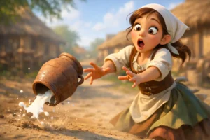 The Milkmaid and Her Pail story moment as milk spills from falling clay pot