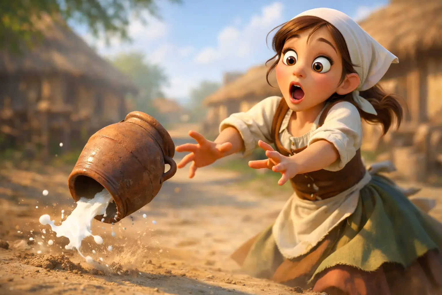 The Milkmaid and Her Pail story moment as milk spills from falling clay pot