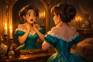 The Necklace – A Story with a Shocking Twist - Elegant woman in vintage Paris room looking shocked after realizing her necklace is missing