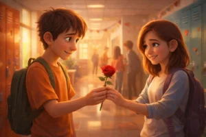 The Poor Boy Who Saved for One Rose - Teenage boy shyly giving a single red rose to a girl in school
