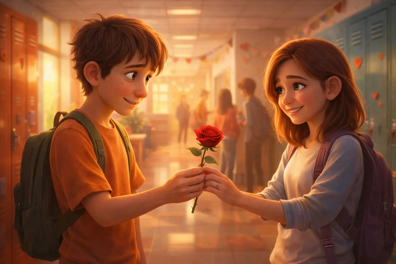 The Poor Boy Who Saved for One Rose - Teenage boy shyly giving a single red rose to a girl in school